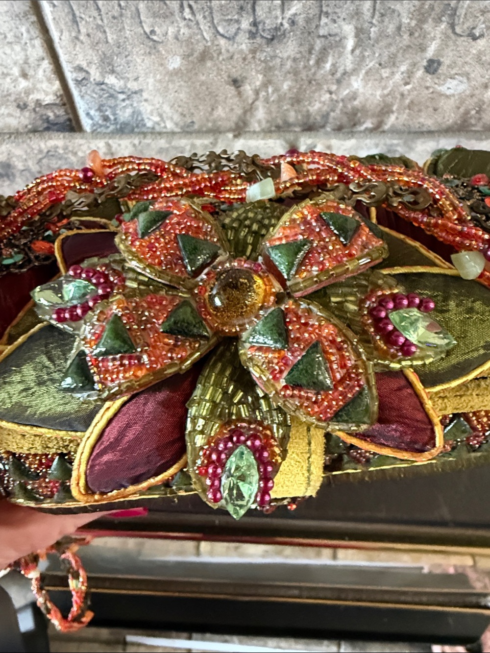 Mary Frances Burgundy, Green & Gold Beaded Embellished Evening Clutch - Picture 4 of 9